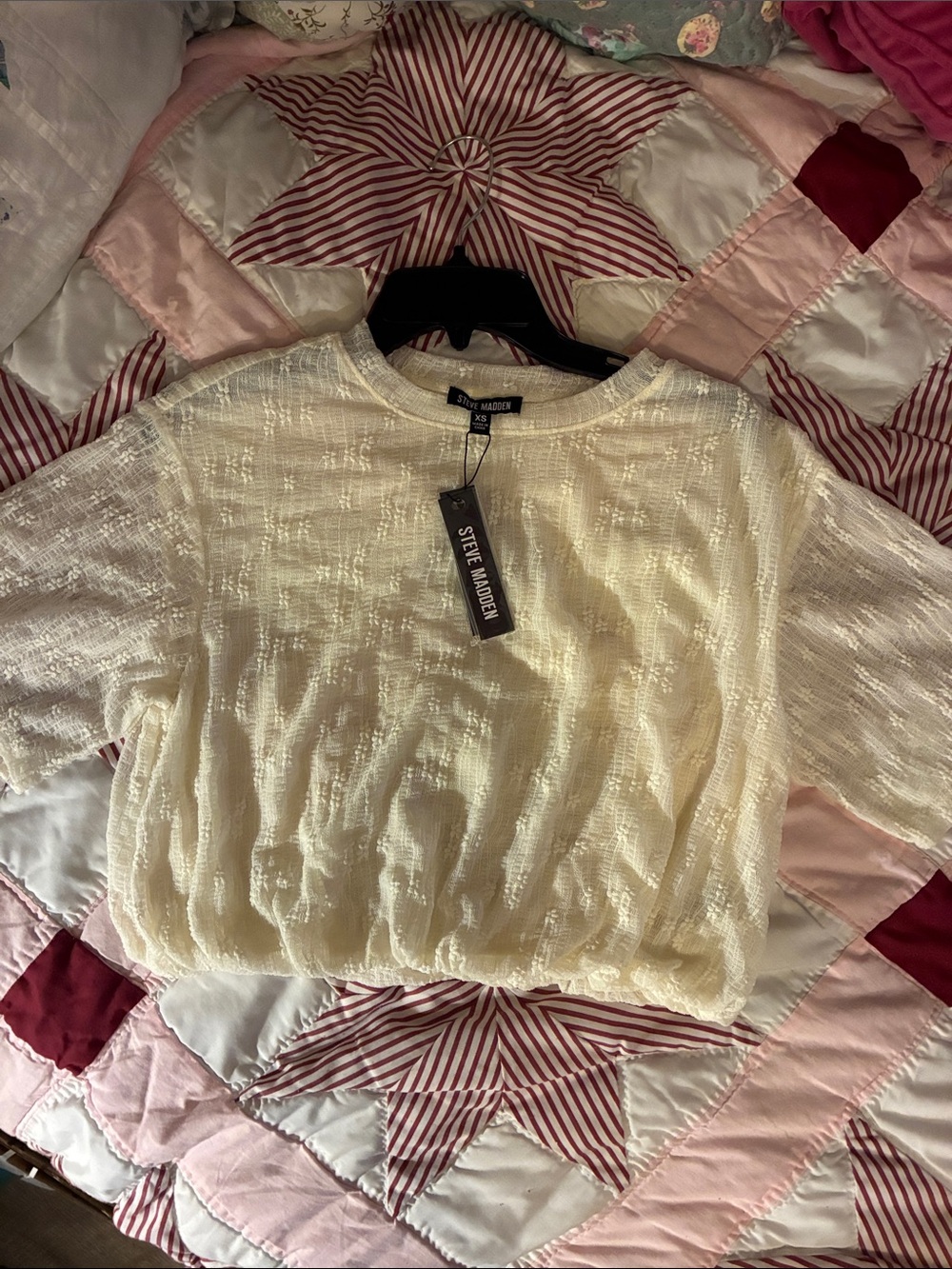 NWT Steve Madden Cream Short Sleeve Textured Crop Top XS